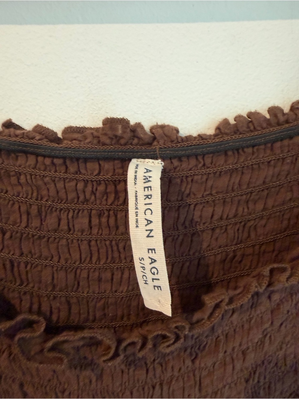 American Eagle Outfitters Chocolate Brown Smocked Eyelet Peasant Top - Picture 5 of 6